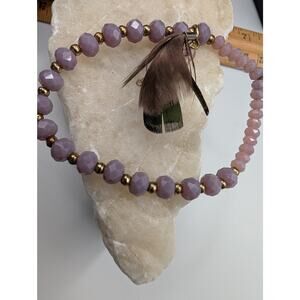 Pink Pewter Purple Faceted Bead Bracelet Feather Charm Gold Tone Dangle Fashion